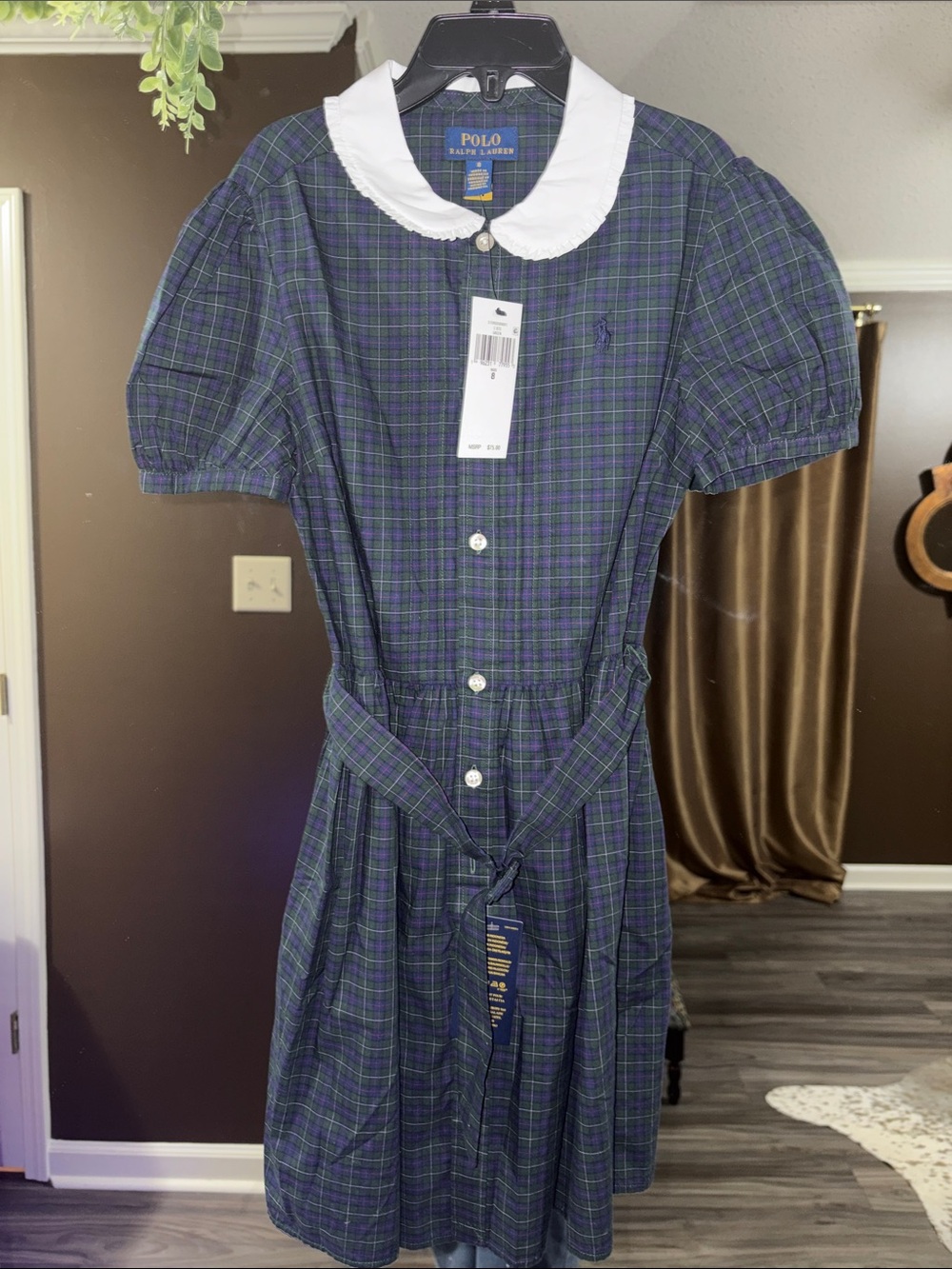 Ralph Lauren Navy and Green Plaid Dress with White Peter Pan Collar